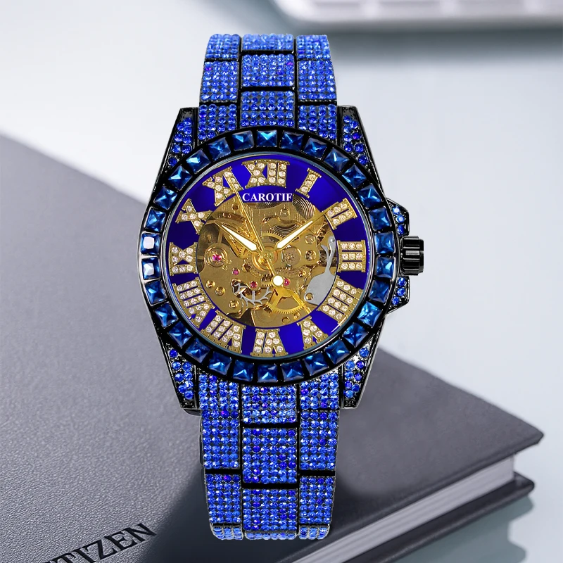 A men's blue steel belt business temperament Roman numeral tourbillon automatic mechanical watch