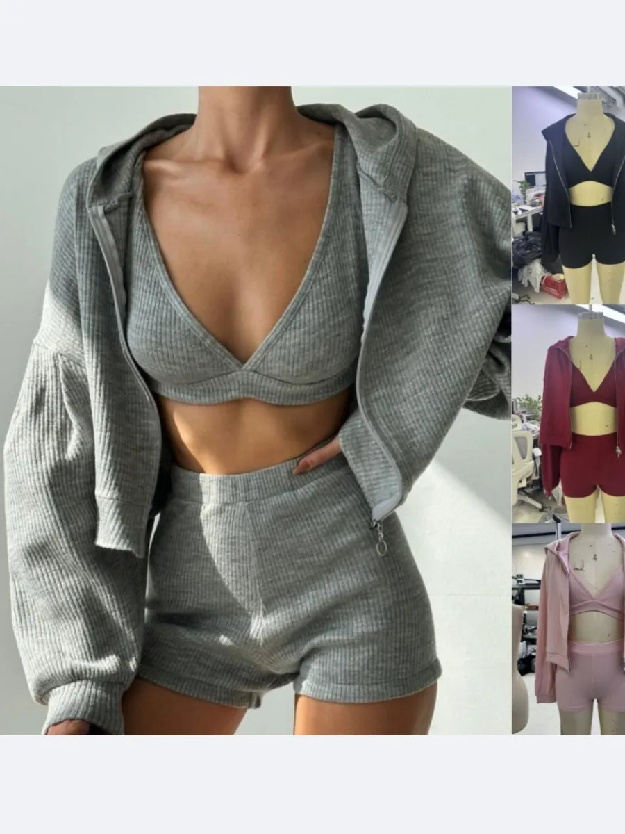 

Women's Casual Color Blo Hoodie Bra orts Set Pure Color V-Ne Long Sve Polyester Tee-Piece Suit for Ages 25-35
