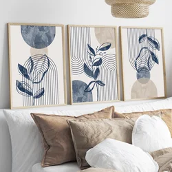 Set of 3 Bohemian Navy Blue and Beige Abstract Geometric Line Plant Wall Art Prints, Bohemian Plant Geometric Print Posters, Medieval Prints, Ideal Gift for Bedroom, Living Room, Hallway, Wall Art, Wall Decoration, Room Decoration, Home Decor, Unframed