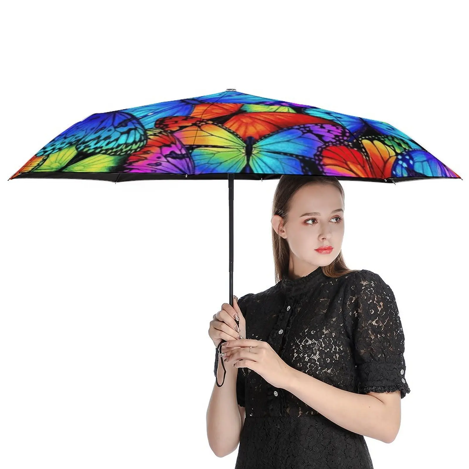 Colorful Butterfly Umbrella Neon Animal Print Automatic Windproof Umbrella Wholesale Design Garden Lightweight Umbrella