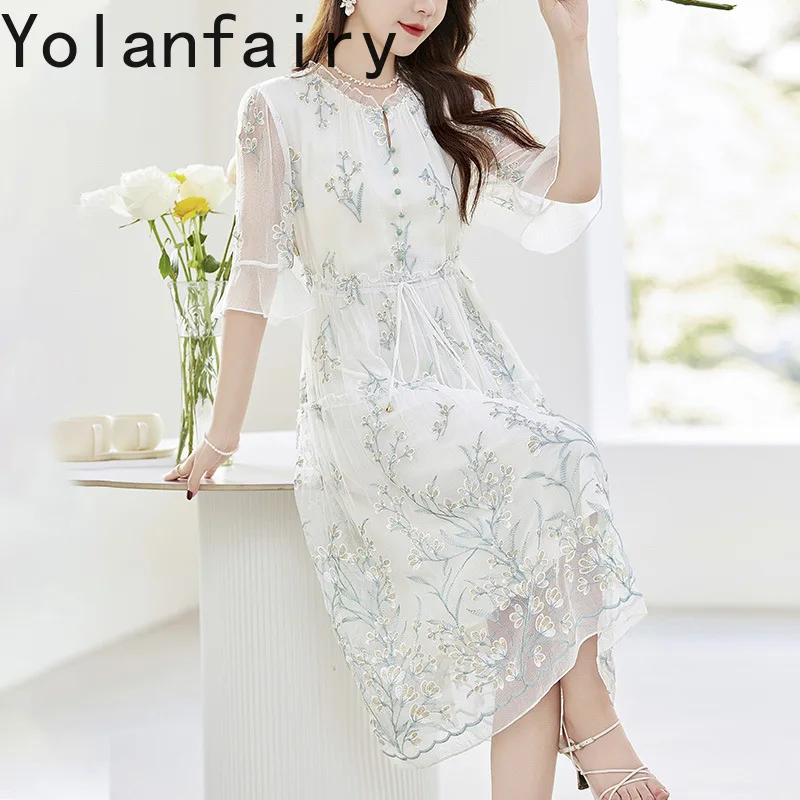 YOLANFAIRY 100% Natural Mulberry Silk Green Dress Summer 2025 High-end Embroidery Birthday Dresses Luxury Elegant Women Dress