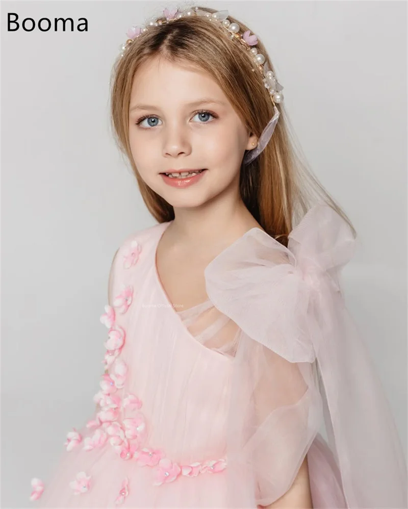 Booma A-Line Flowers Girl Dresses 3D Flower Tulle Floor-Length Wedding Party Dress for Kids Girls Prom Gowns Customized