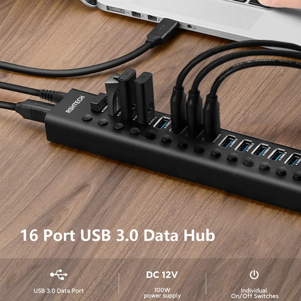 Imagem -02 - Rshtech Usb3.0 Hub de Alumínio 10 13 16 Porta Expansor Usb Alimentado Dados Hub Divisor Interruptores Liga Desliga Individuais para Portátil Macbook