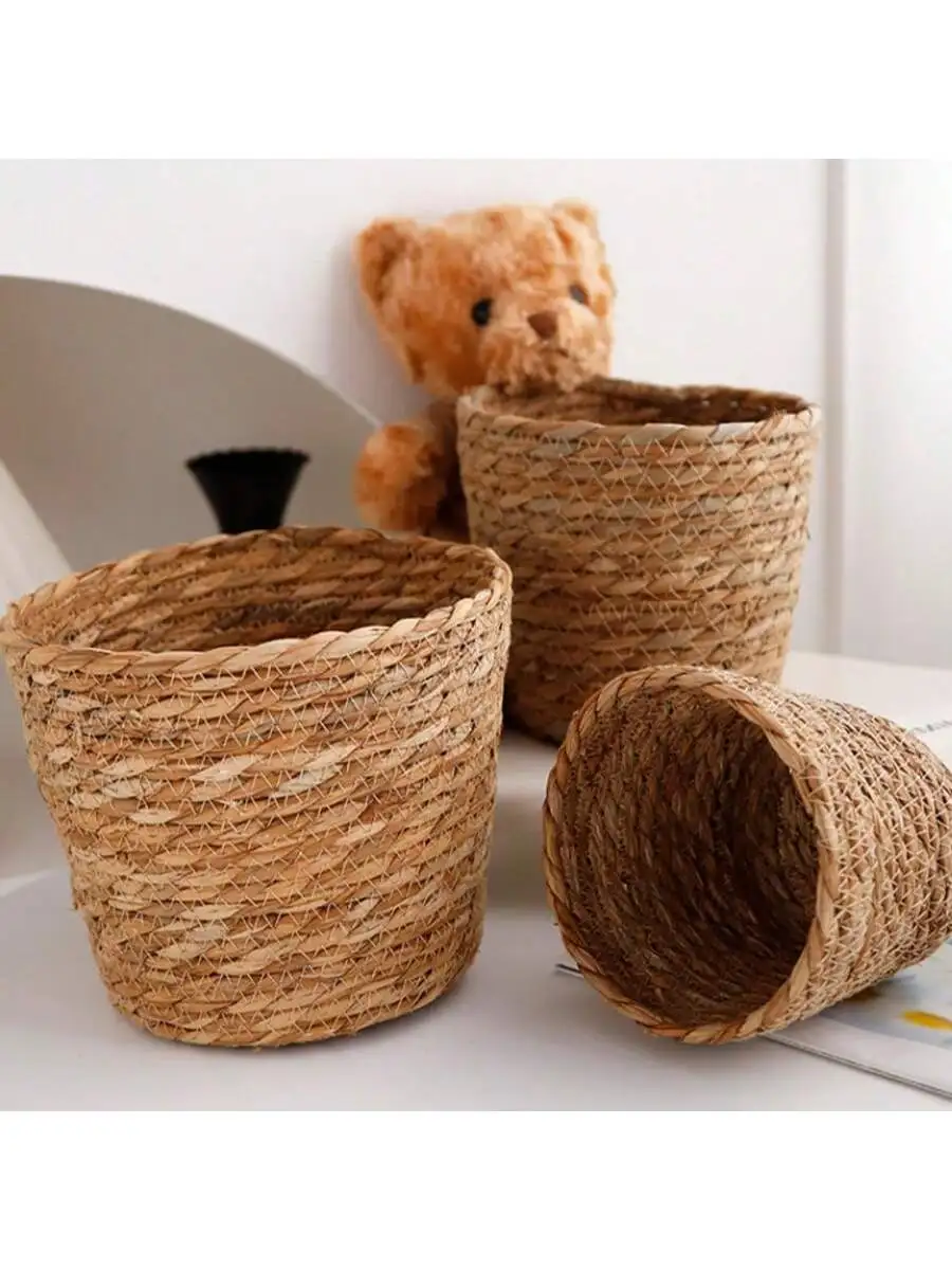 Rustic DIY Flower Arrangement Basket Grass Woven Multi-Functional Storage Basket Home Decorative Rural Style Wicker Basket