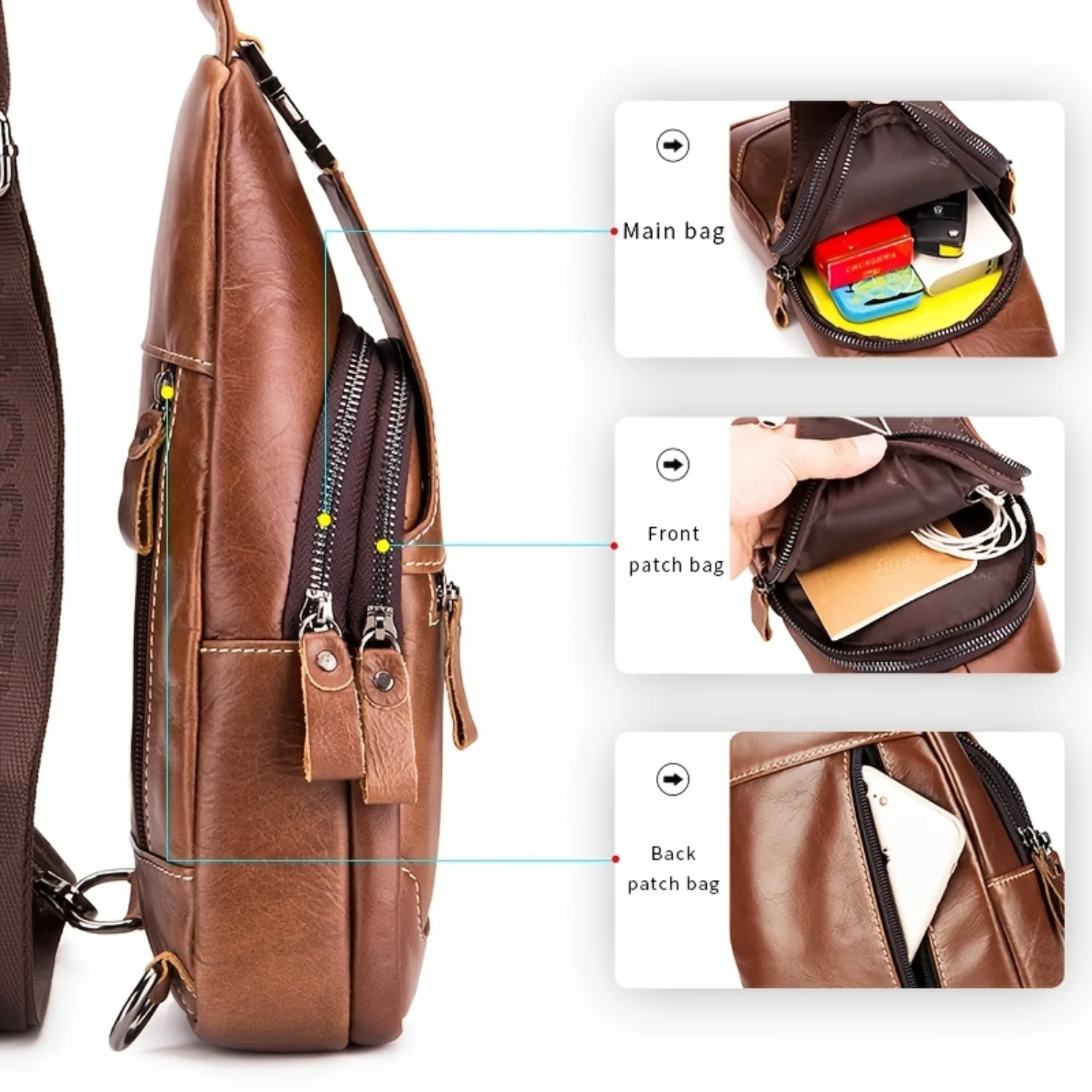 Men's Large Capacity Leather Chest Bag, Head Layer Cowhide Chest Bag, Retro Casual Style Shoulder Bag