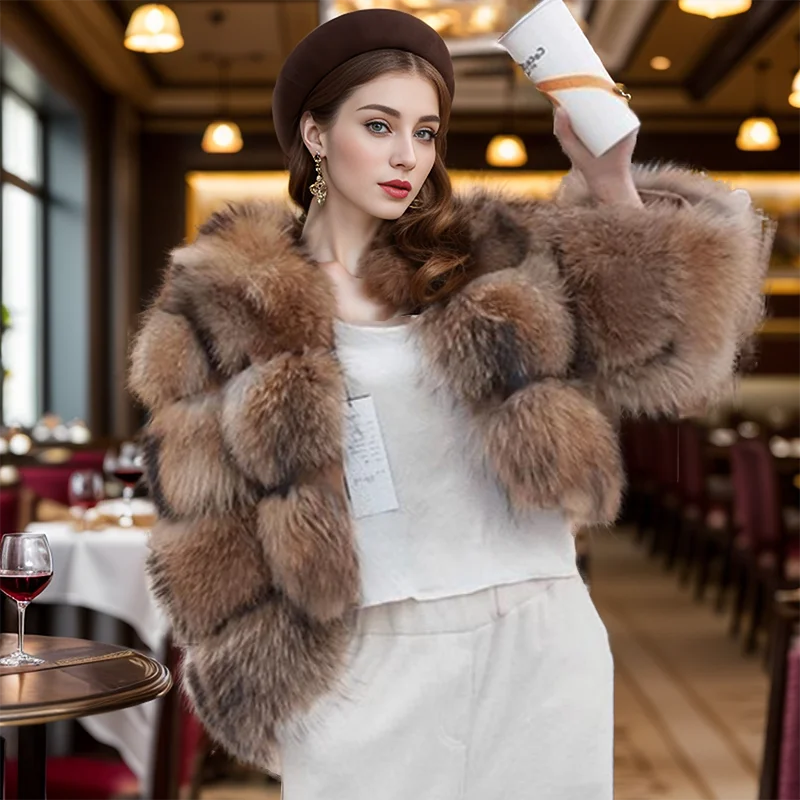 

2024 Winter Women's Luxury Thickened Raccoon Skin Coat 100% Natural Fox Skin Jacket Warm Leather Fur One Piece Coat