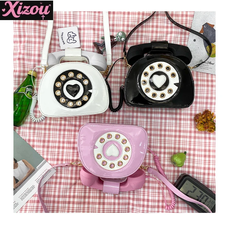 

2025 New Japanese Version of Girl Funny Creative Personality Fashion Retro Telephone Bright Messenger Bag Women's Trendy Bags