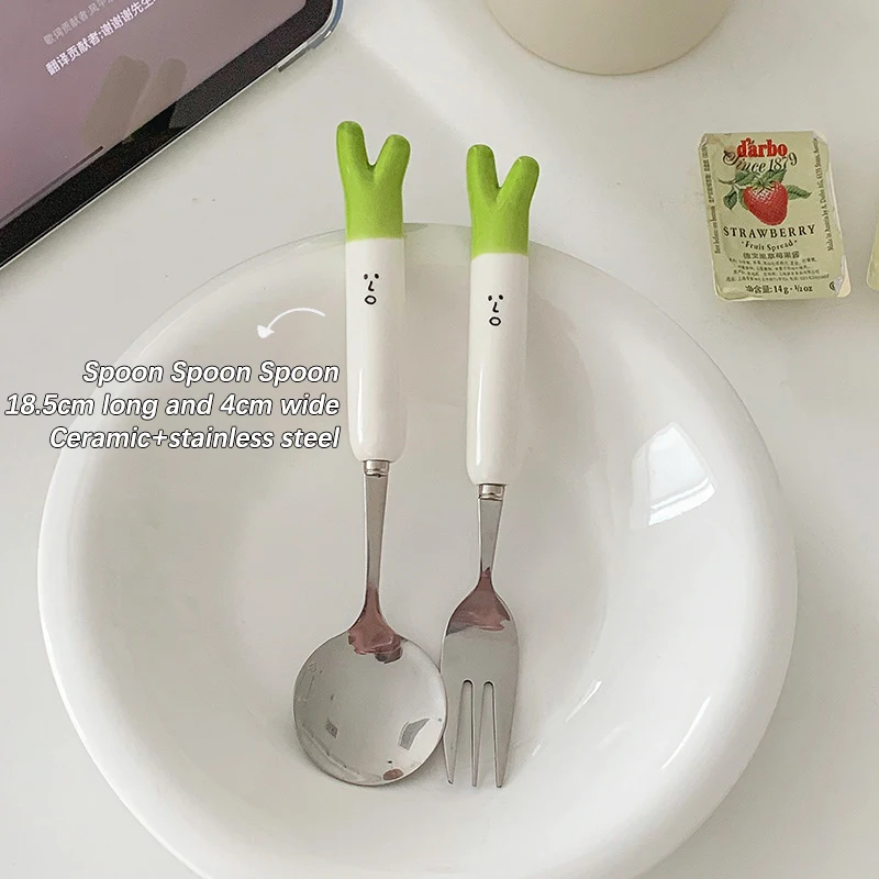 Cartoon Ui Keramische Lepel Vork Servies Draagbare Lunchware Rvs Reis Servies Keuken Accessoires