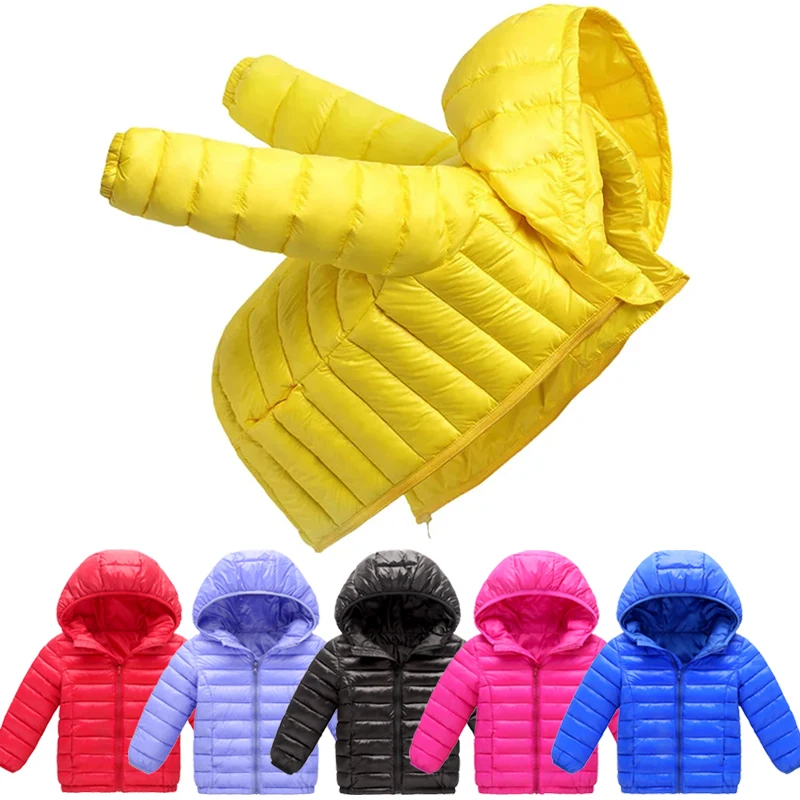 Children's cotton jacket new winter style plush thickened lightweight down jacket solid color hooded jacket for boys and girls