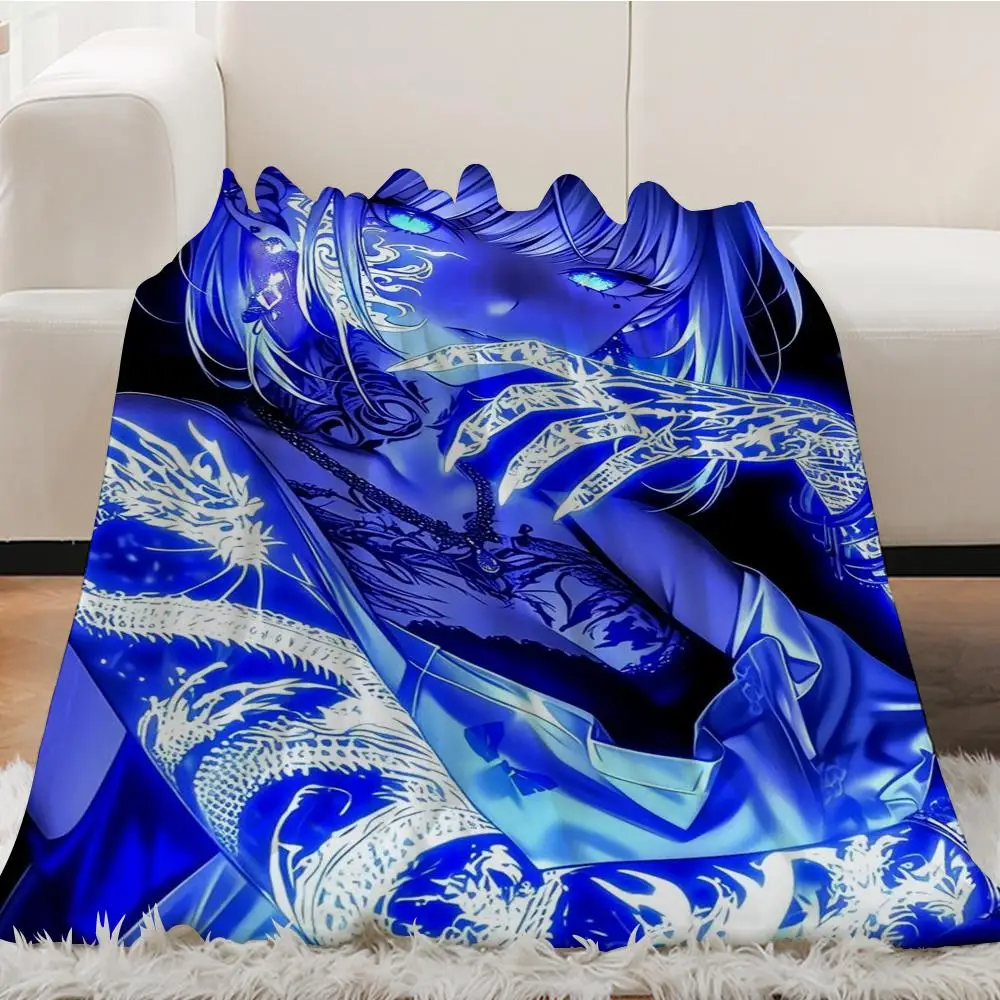 Neon Blue Dragon Tattoo Anime Girl Throw Blanket, Dark Aesthetic Manga Art Print Cozy Soft Flannel Blanket Throw Blanket Aesthet