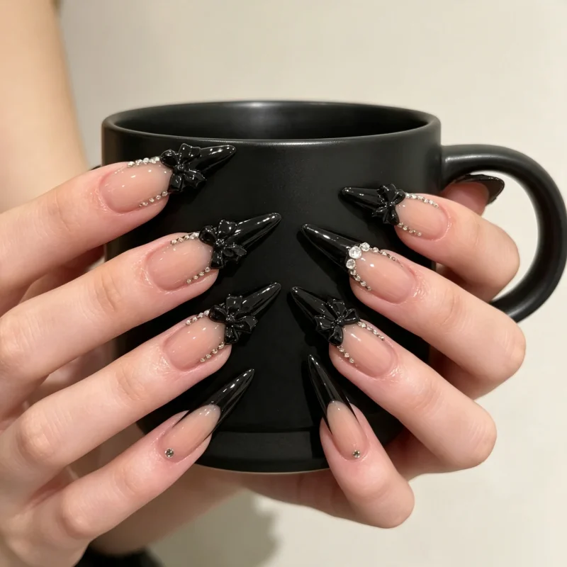24Pcs False Nails Black-Tip Rhinestone-Embellished Long-Pointed Sweet and Girly French-Style Press-On Nails—Perfect for Girls