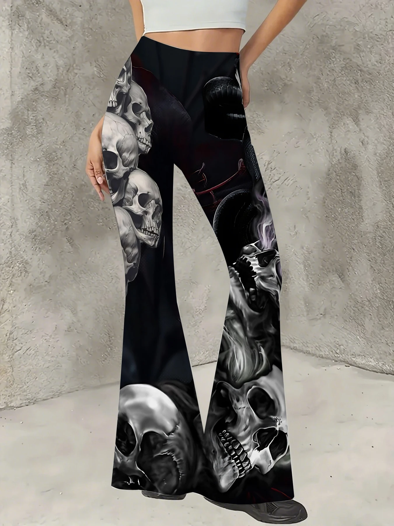 

Retro Printed Flare Pants Women High Waist Polyester Knit Bell Bottom Trousers