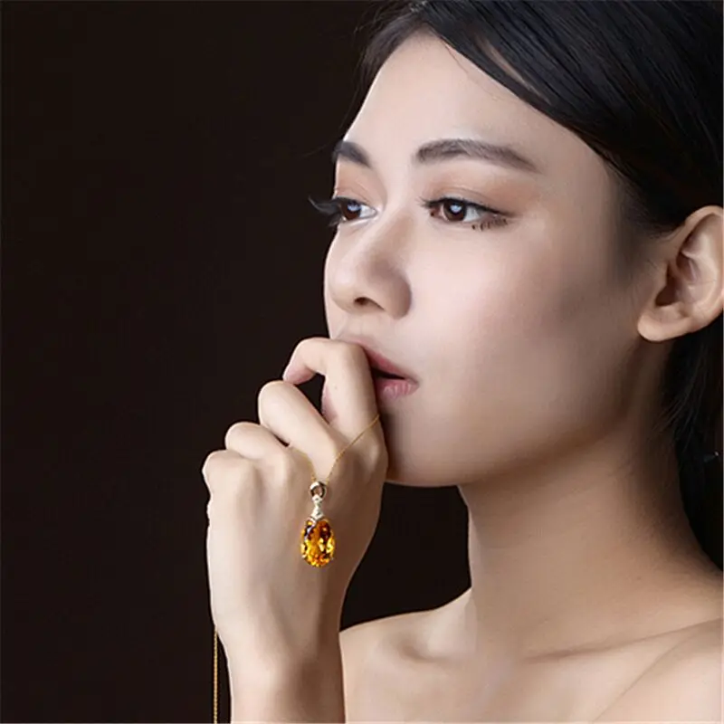 New Luxury Mermaid 18K Gold Citrine Gemstone Pendant Necklace For Women Fashion Jewelry Christmas Gift
