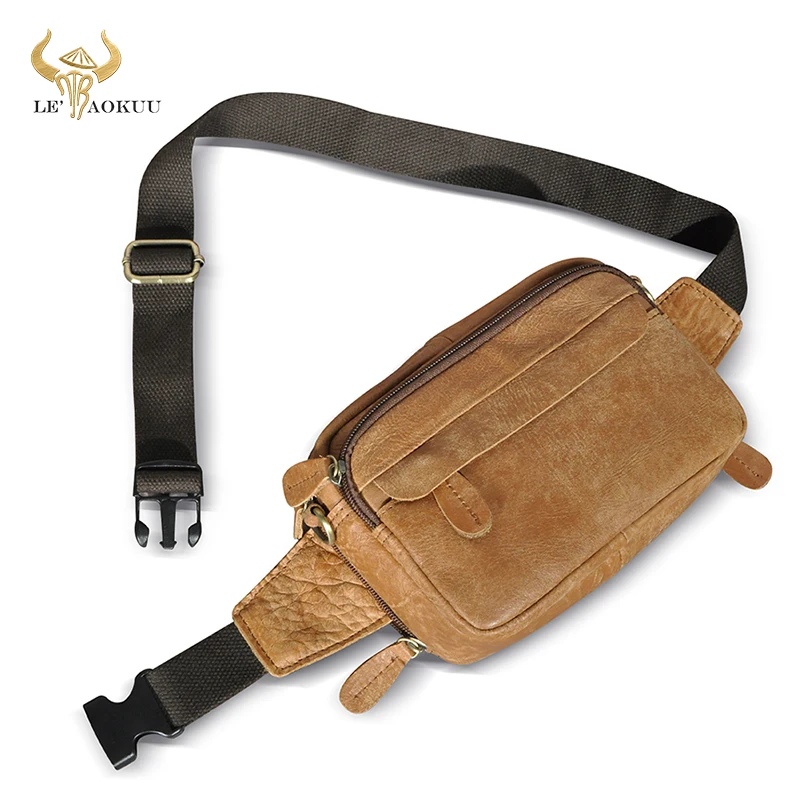 

Hot Sale Genuine Leather Travel Retro Fanny Waist Belt Bag Chest Pack Sling Bag Design Phone Cigarette Case For men Male 3112