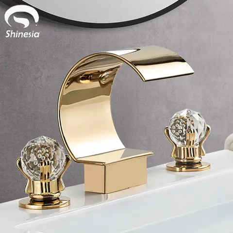 Shinesia Luxury Golden Bathroom Basin Faucet for Vessel Sink Crane Waterfall Hot and Cold Water Mixer Tap Dual Cristal Handle
