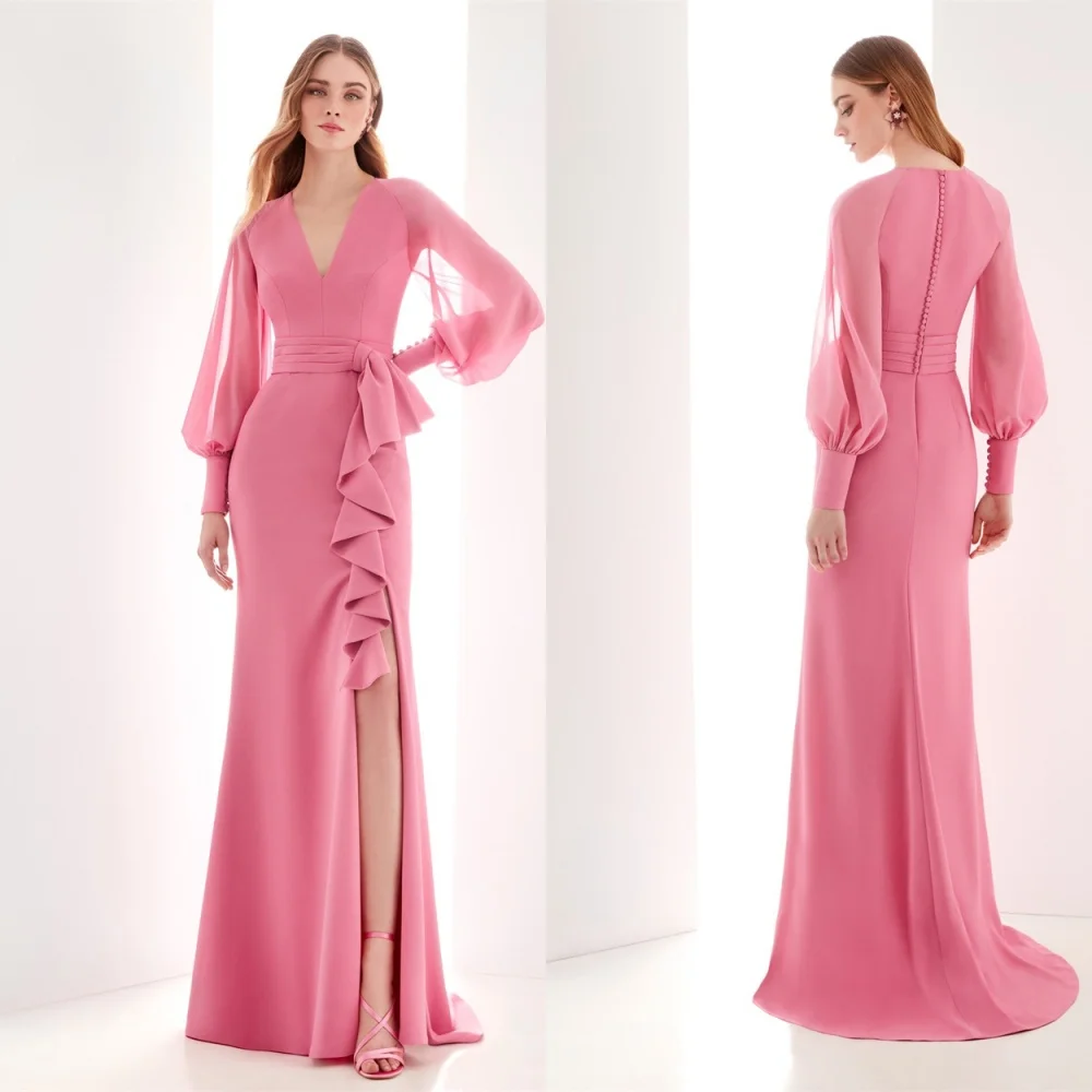 Customized Customized Mermaid Simple Pink Jersey Evening Dress Elegant V-Neck Long Sleeves Homecoming Dresses Classic Special Oc