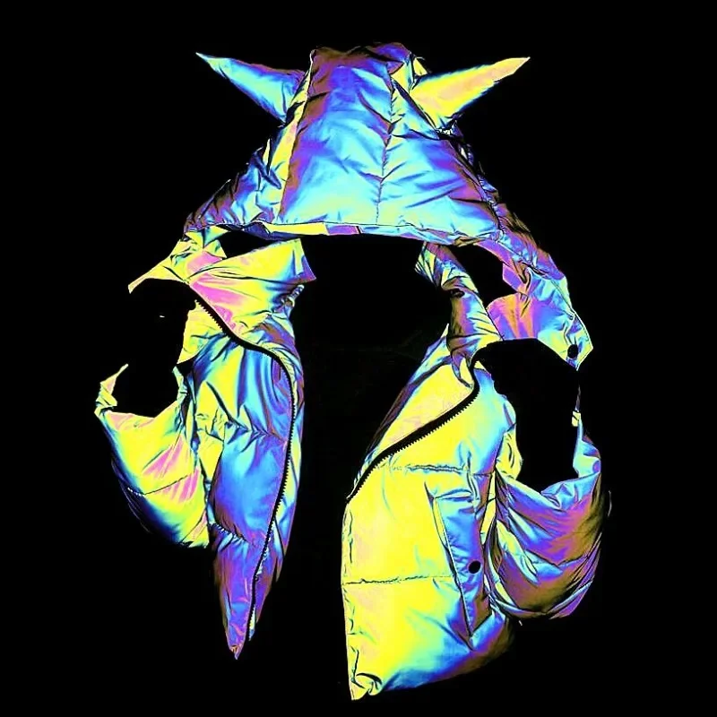 冬のジャケットの女性ルーズスタンドカラーボタンポケット長袖パーカーフード付きカラフルな反射暖かいコート婦人服