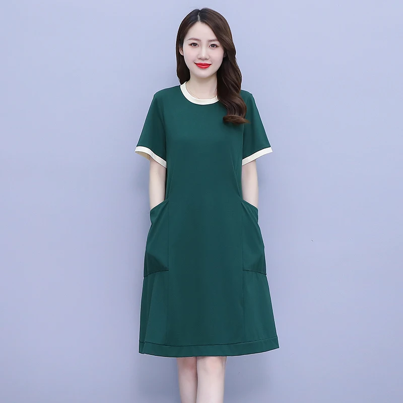 

New Female Fashion Summer Casual Loose Covering Belly Dress For Women Simple And Thin Round Neck Korean Short Sleeved Skirt