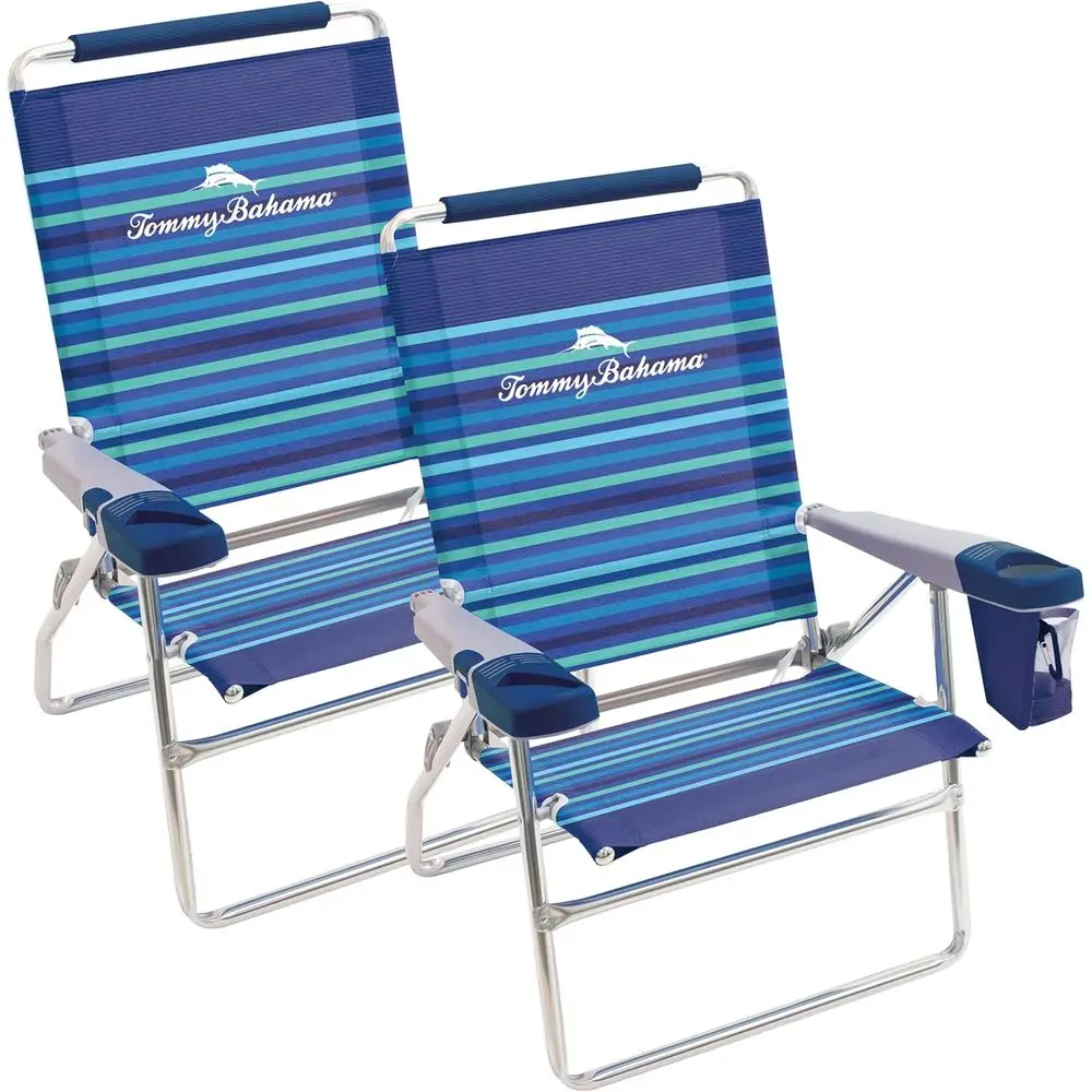 

Set o 2 Highboy 4 Position Beach Chairs 15 Inch Seat Height with Cupholder, Side Storage Pouch and Mobile Pe Holder