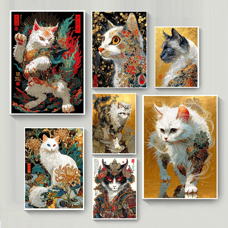 Samurai Cat Portrait Posters Elegant Floral Golden Japanese Style Modern Prints Canvas Wall Art Pictures Home Living Room 