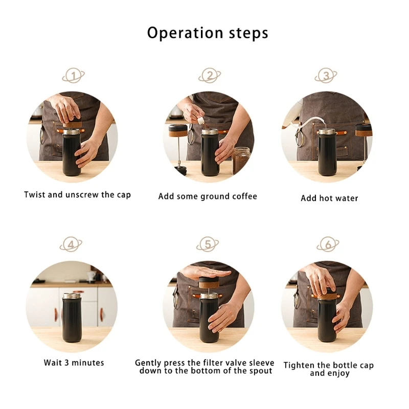 Récipient boisson à presse française isolé multifonctionnel, bouteille café isolée en acier inoxydable adaptée aux