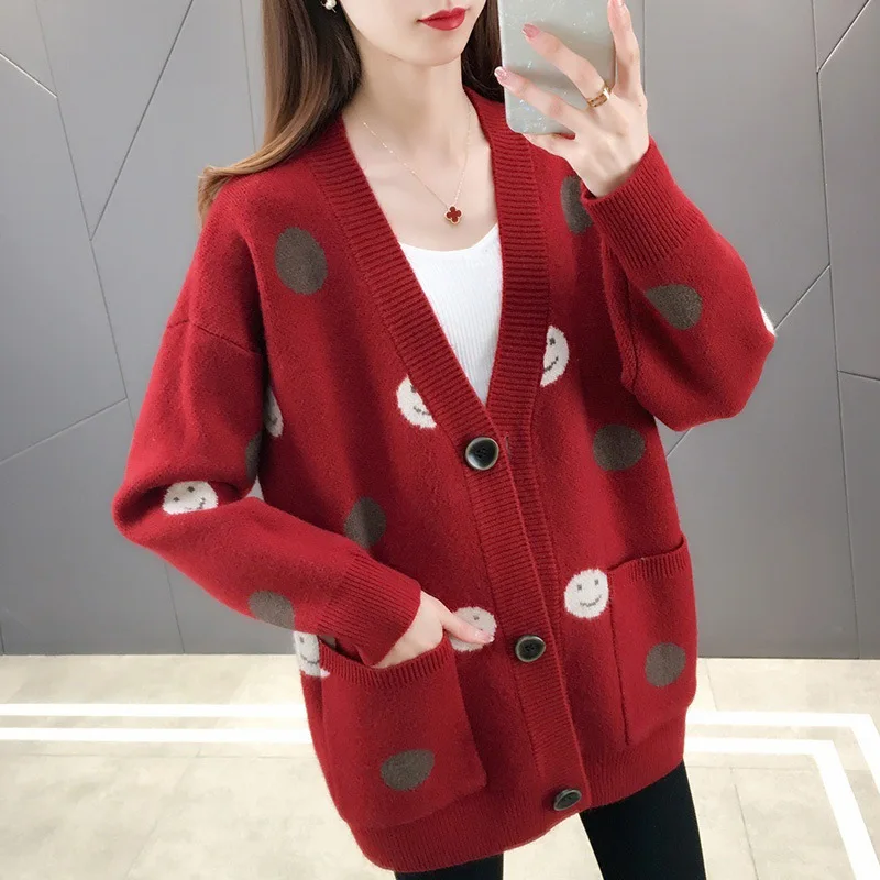 

Sigutan 2023 Autumn Winter New Smiling Face Jacquard Outerwear Women Cardigan Thickened Loose Long Sleeve Female Sweater Coat