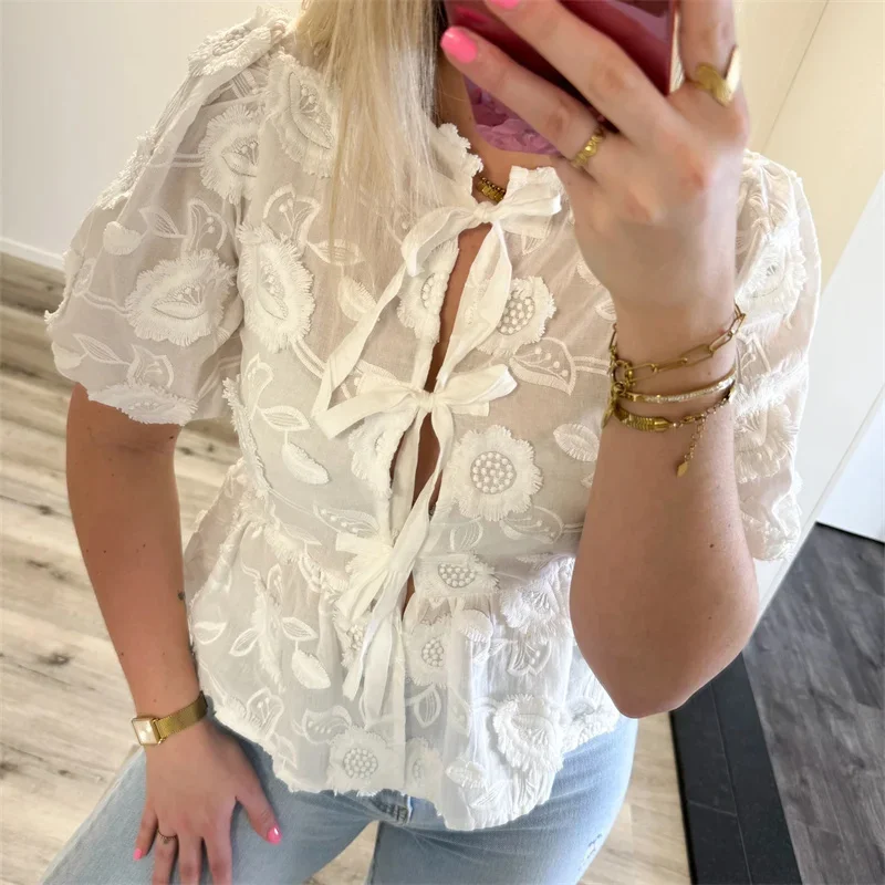 y2k Clothes Babydoll Tops Women Floral Embroidery Round Neck Puff Short Sleeve Shirts Elegant White Blouses Streetwear