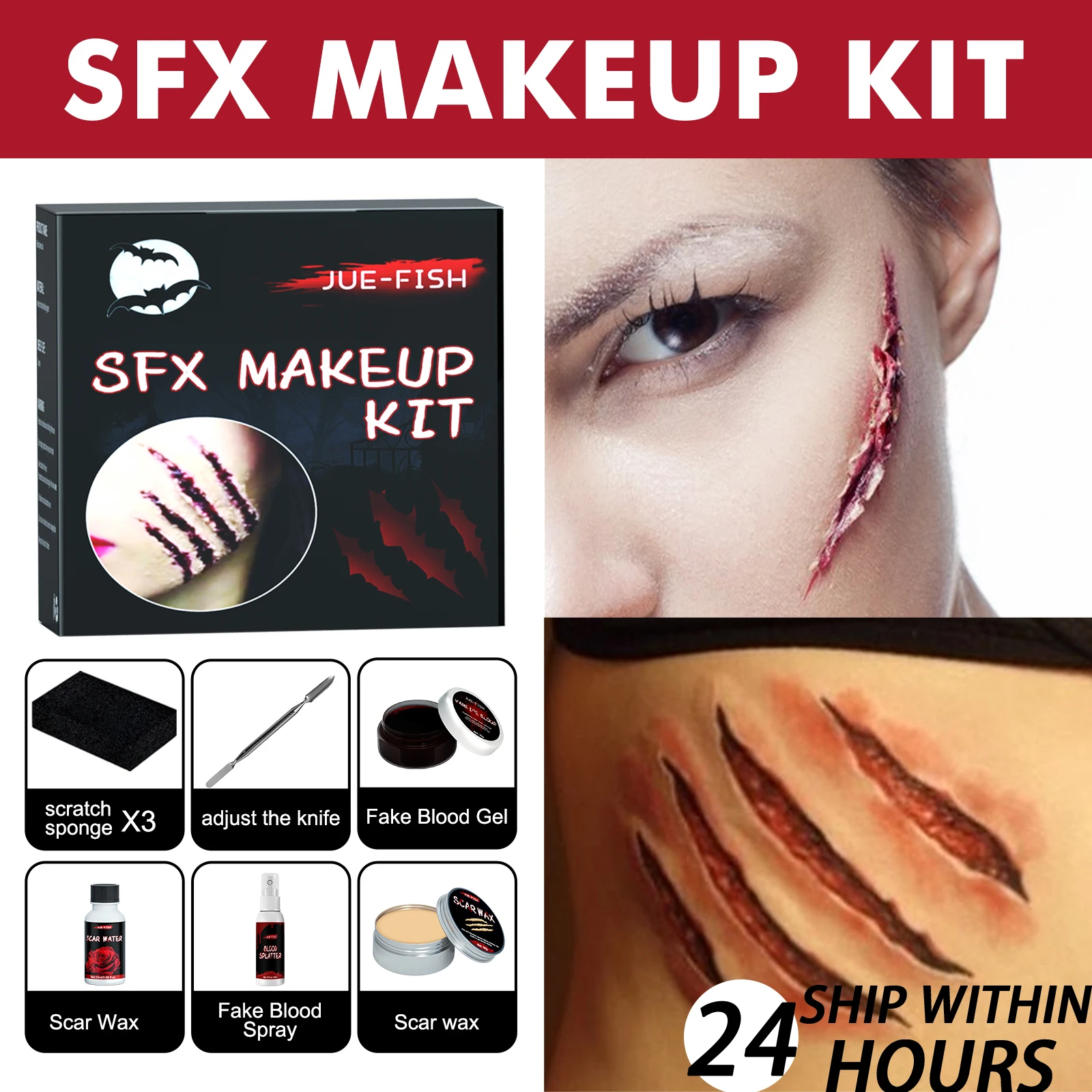 Jue-Fish Halloween cicatrice cire faux sang Kit ensemble de maquillage pour plaies réalistes maquillage corporel Non toxique avec applicateur fête costumée