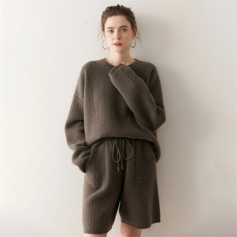 

O Neck Long Sleeve Pullover Shorts Set Women's 100% Cashmere Casual Fashion Sweater Autumn Winter Loose Comfortable Knitted Set