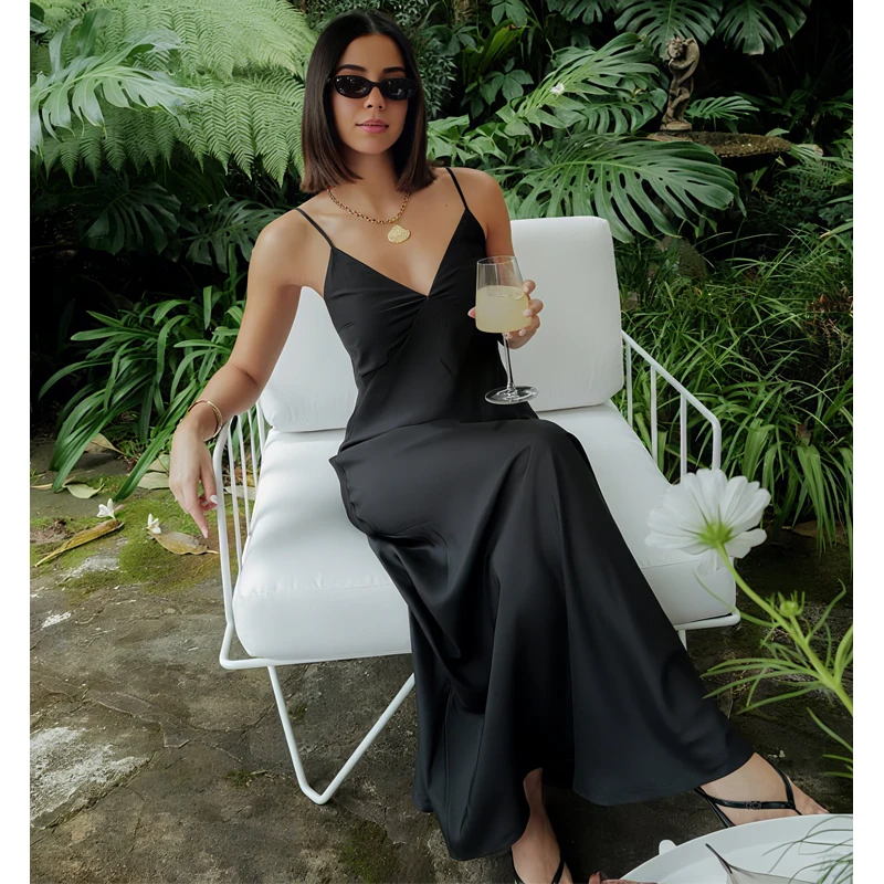 MUJER Black Slip Midi Dress Woman Satin Backless Long Dresses for Women Sexy Evening Women's Summer Dresses Straps Night Dresses