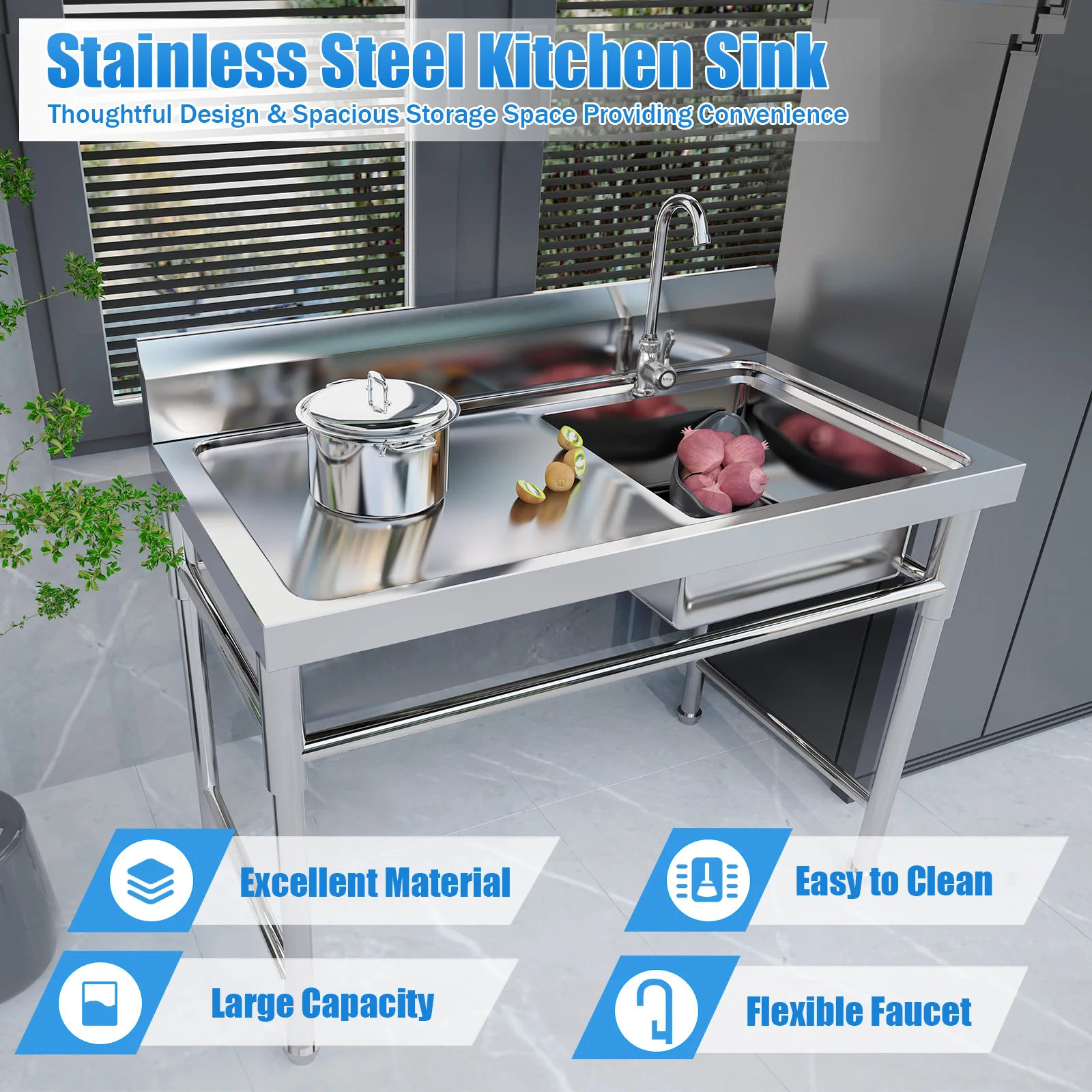 

Commercial Kitchen Sink Stainless Steel 120*60*80cm Adjustable Feet Large Drain with Faucet Filter for Restaurant Bar