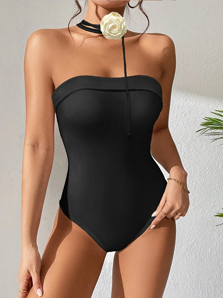 Peachtan Black One Piece Swimsuit Woman 2023 Luxury Bandeau Swimwear Korea Style Bride Swimsuit Beachwear Monokini Bodysuit