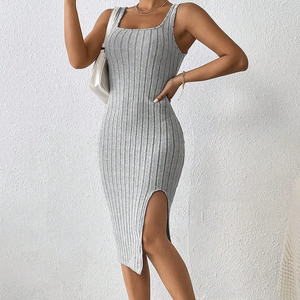 2024 Summer New Women\'s Tight Sexy Tank Top Dress Split Sleeveless Dress Solid Color Slim Fit Long dresses robe de soirรฉe orange