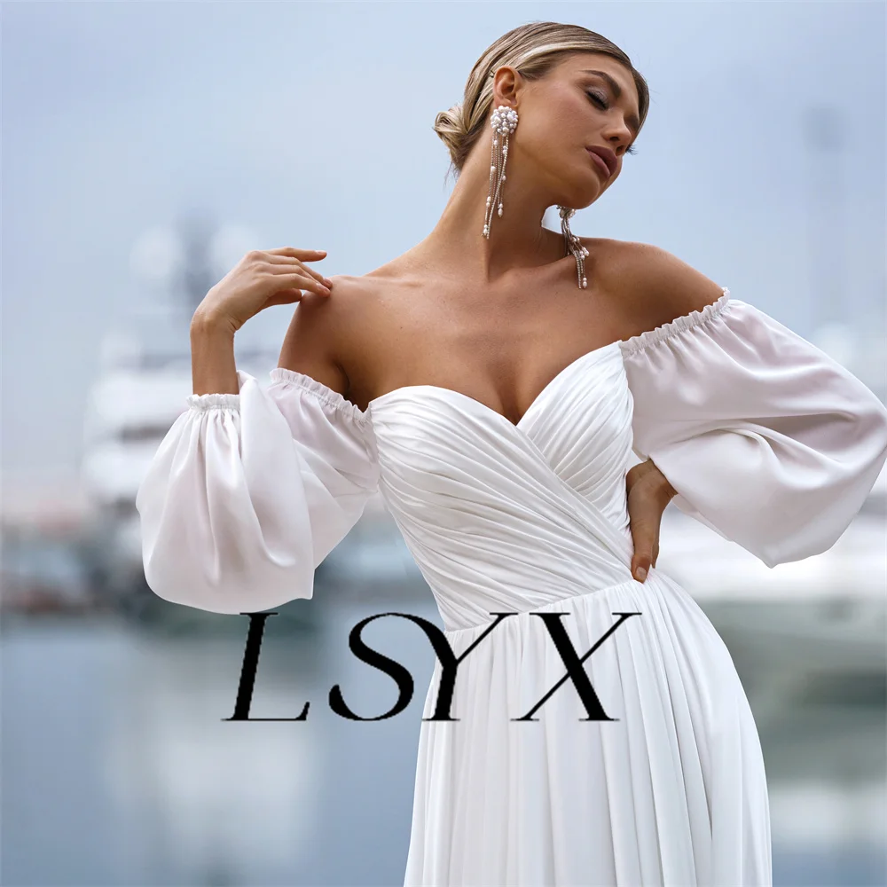 Lsyx boho lange Puff ärmel schulter freie Falten Chiffon Brautkleid Reiß verschluss zurück a-Linie Schatz Hof Zug Brautkleid