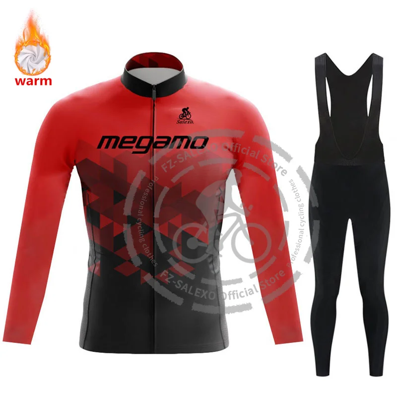 Megamo Winter Long Sleeve Cycling Jersey Set Ropa Ciclismo Mens Thermal Fleece Bicycle Clothing MTB Bicicleta Maillot Bike Pants