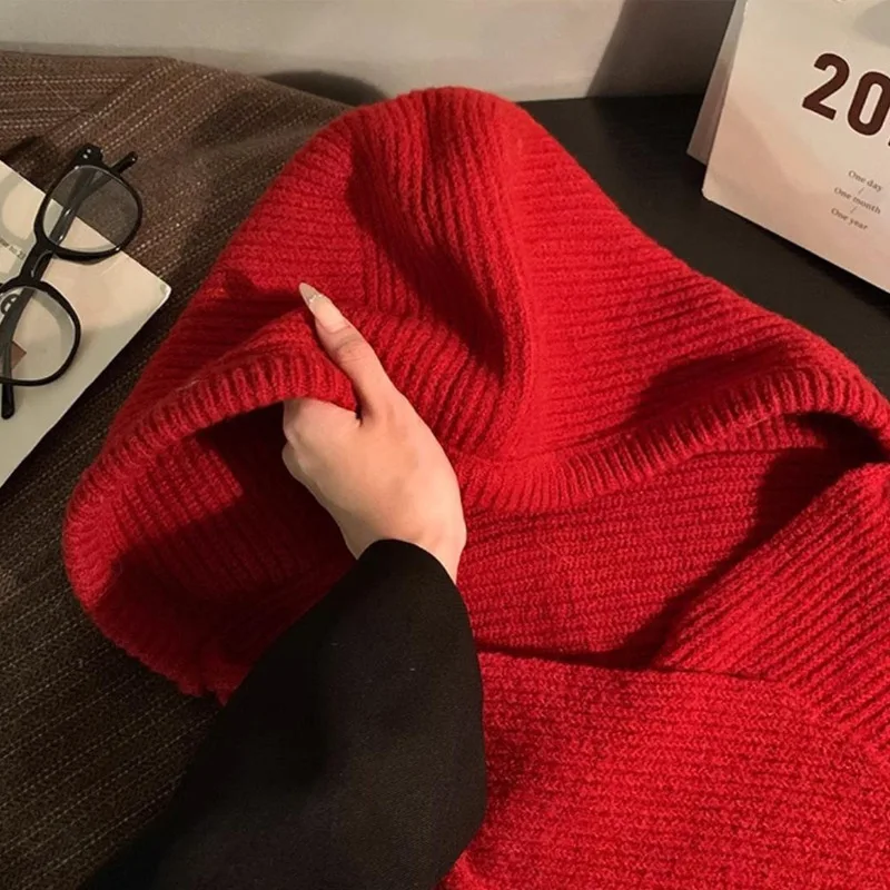 الأحمر بالاكلافا محبوك قبعة للنساء شتاء دافئ وشاح هود قناع كامل واقي الوجه قبعة يندبروف قناع للتزلج الطقس البارد وشاح قبعة