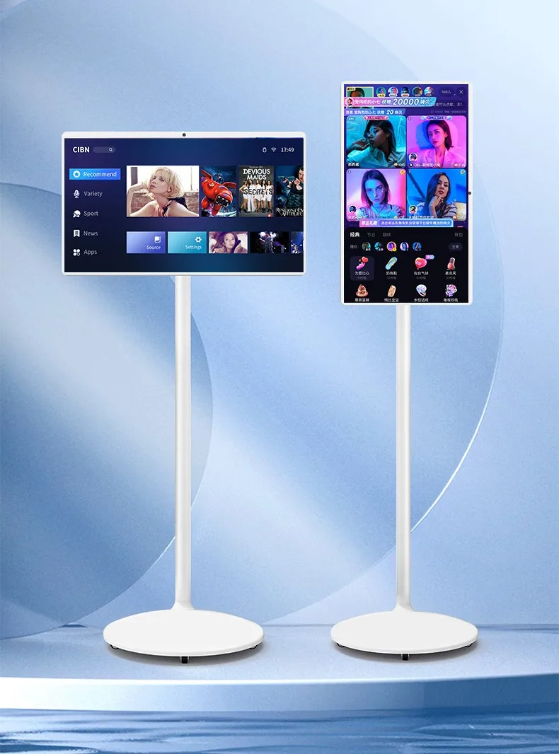 32 pouces plancher debout blanc Android écran tactile Mobile Tv présentoir Vertical Tv suivez par moi Portable 32 pouces Smart Tv