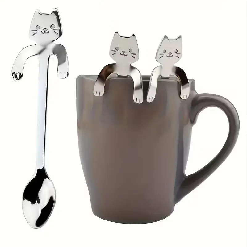 

4pcs Cute Kawaii Cartoon Cat Coffee Spoon - Creative Hanging Edge Stirring Spoon - Charming Kitchen Accessory And Gift