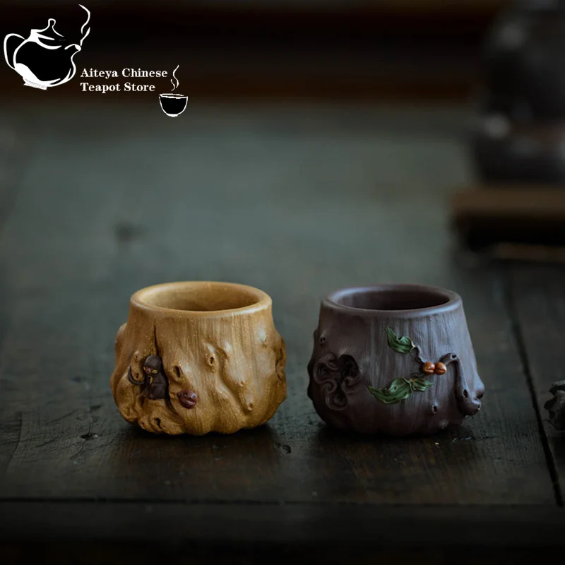 Yixing handmade purple clay cup, plum stump, tree stump, tea tasting cup, sticker leaf, longevity peach, single cup, tea bowl