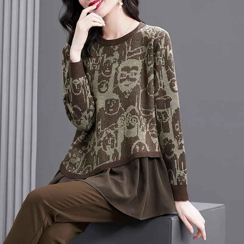 Women's Round Necked Patchwork Printing Sweater Spring and Autumn Fashion Loose Long Sleeve Contrast Color Pullover Knit Tops