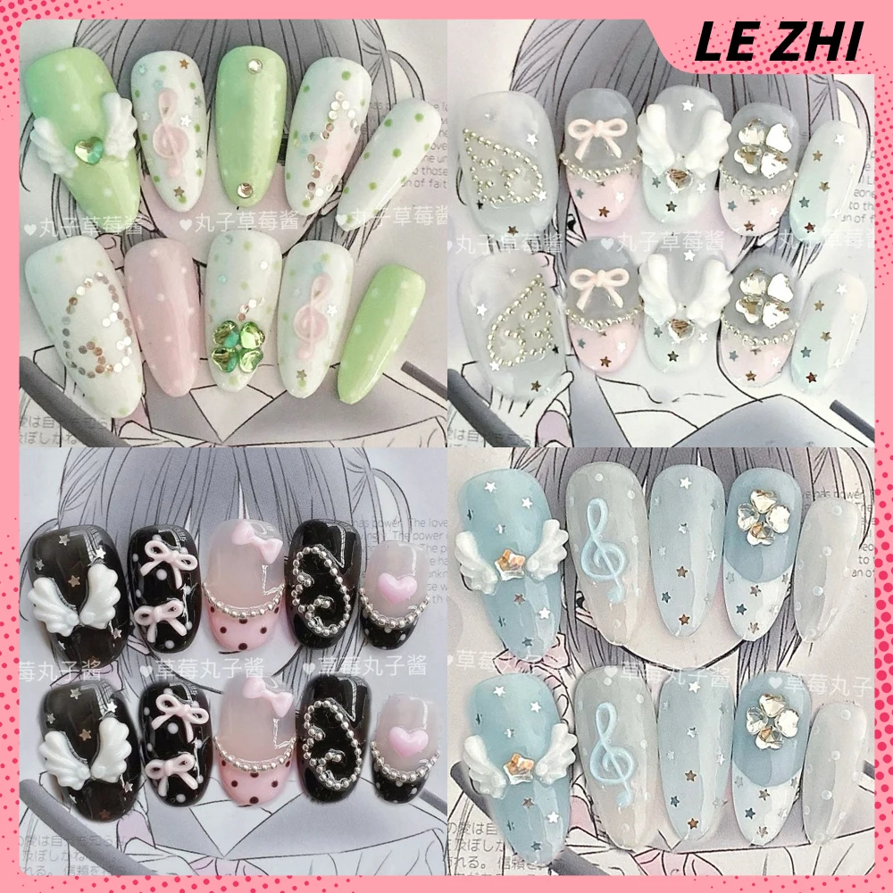 

Cartoon Cute Colorful Handmade Ellipse Reusable Nails Party Sticker Shining Stars Musical Notes Wings Bow Diamond Press On Nails