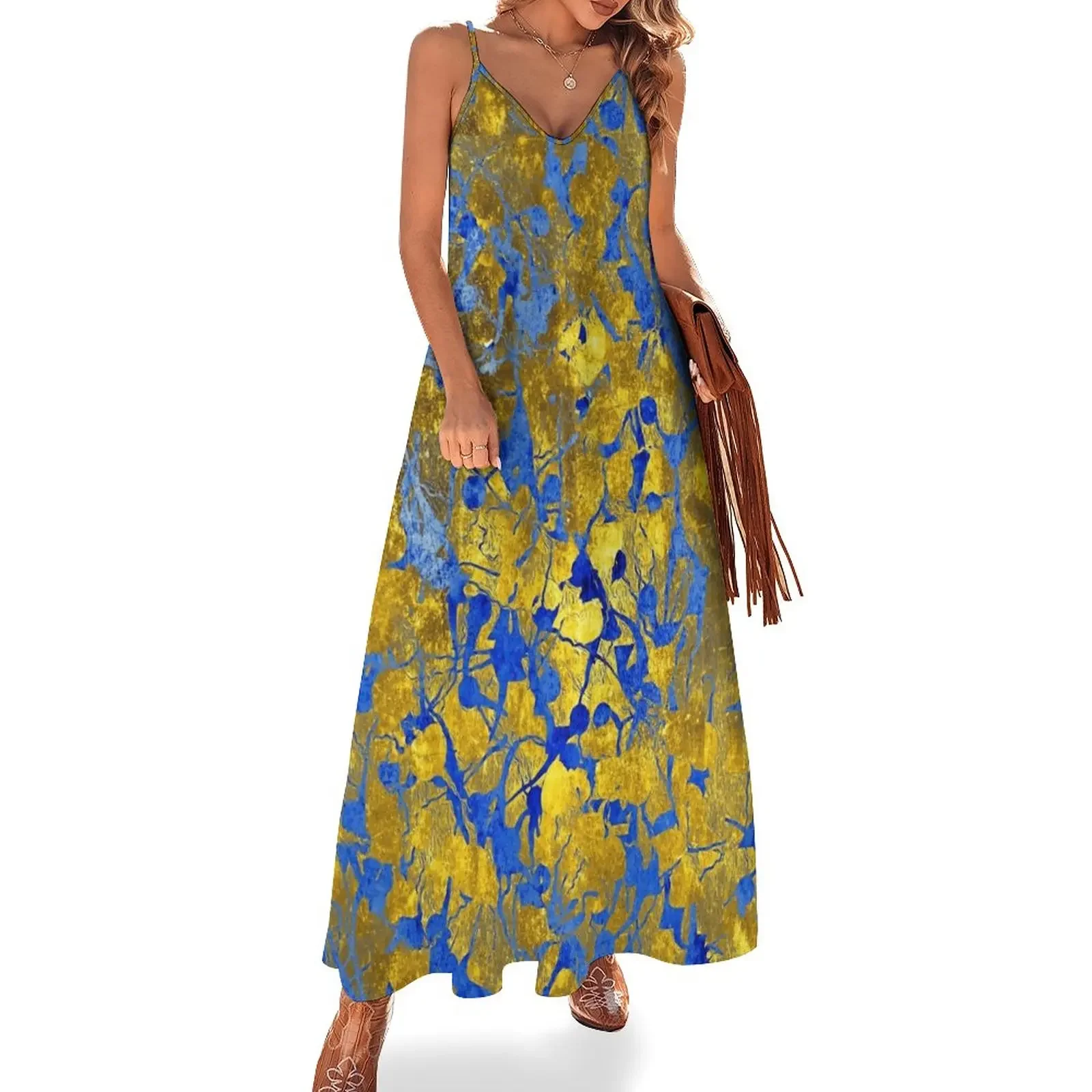 

Blue Splash on Gold Sleeveless Dress dresses for prom dress women elegant luxury