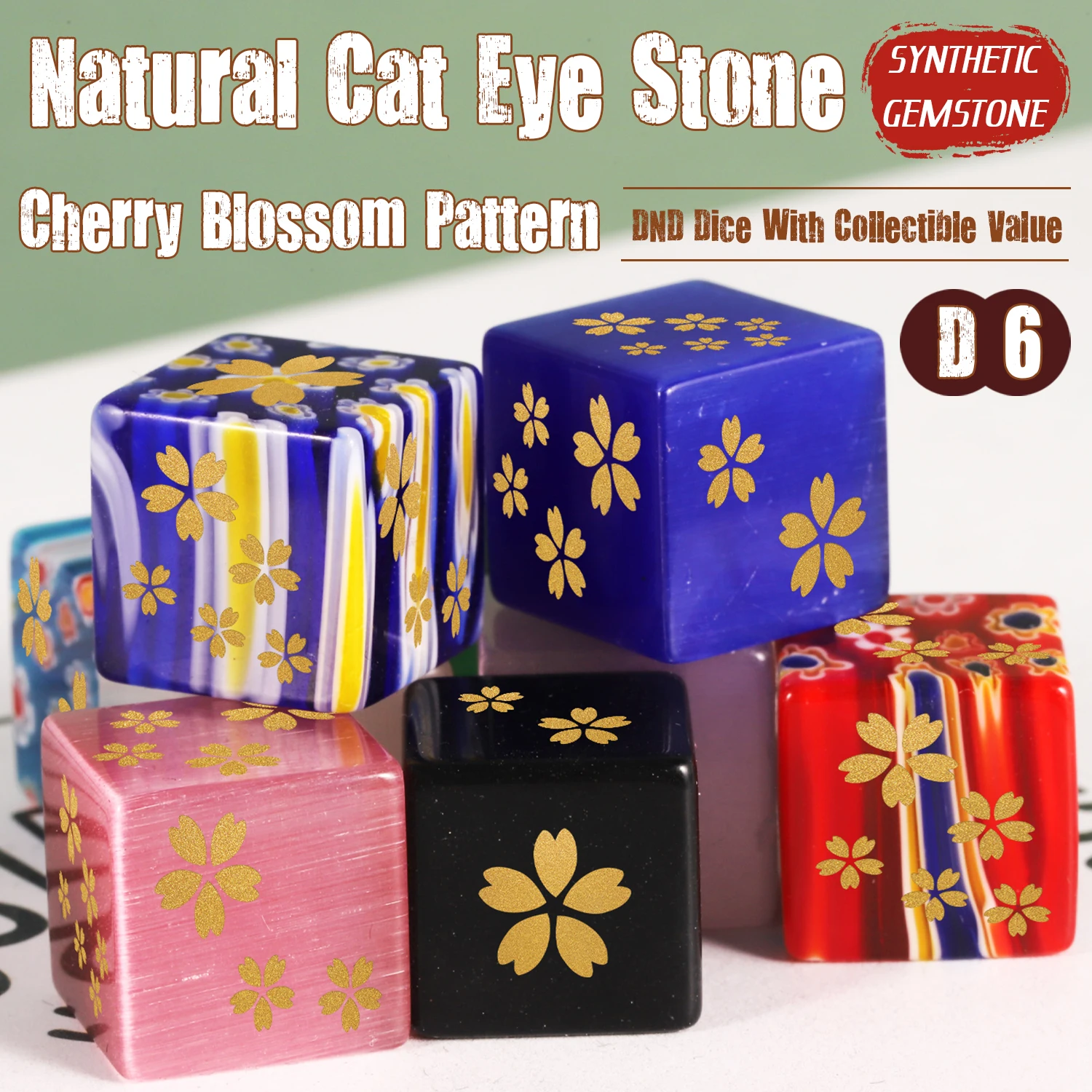 

D6 Cat Eye Polyhedra Sakura Stone Dice Pathfinder Game RPG Golden Cherry Blossom Идеальный подарок для любителей столешницы DND