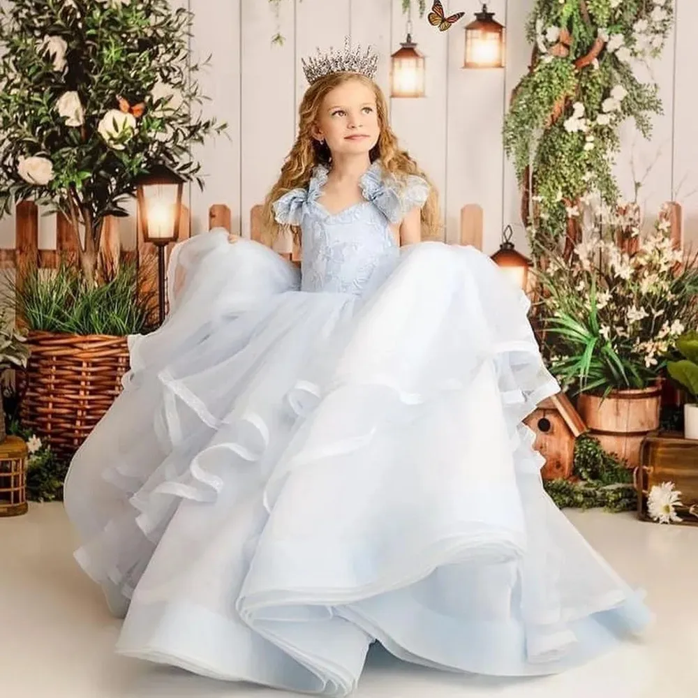 Lichtblauwe Bloem Meisje Jurk Trouwfeest Tule Organza Rok Ruches Prinses Baljurk Over Vloeiende Bloemen Kids