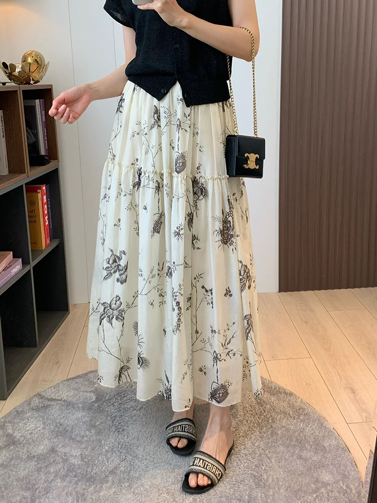 

Шелковая хлопковая юбка-зонтик с высокой талией, свободная посадка средней длины, дышащая юбка с большим воланом и принтом водной мемии