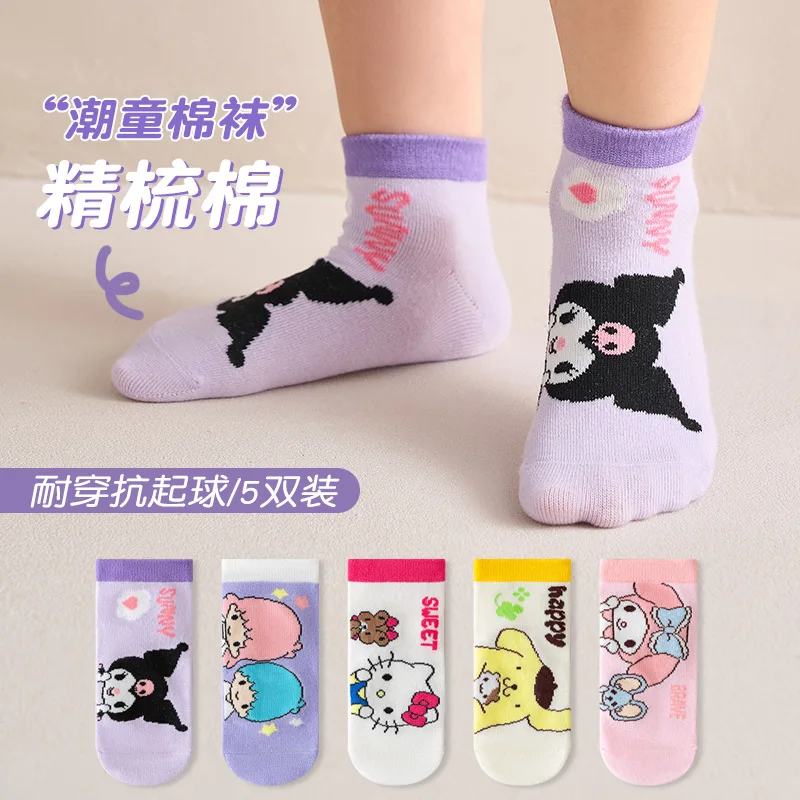 

5Pairs Spring Summer Hello Kitty Kids Baby Short Socks Cute Sanrio Kuromi My Melody Socks Comfortable Breathable Children Socks