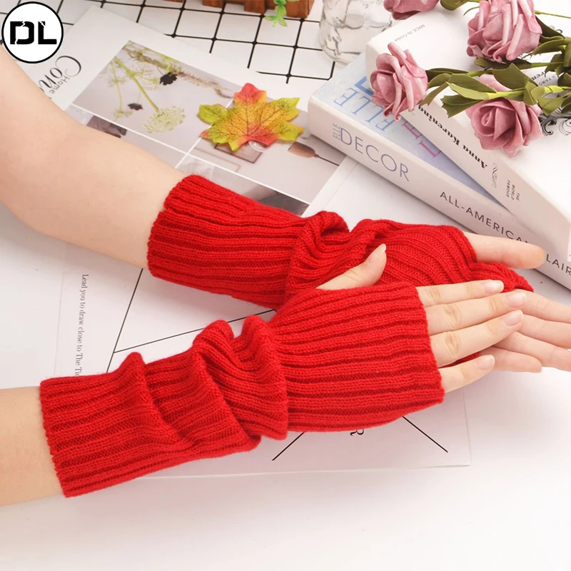 

Women Long Fingerless Gloves Knitted Mittens Winter Arm Warmer Knitting Glove Girls Solid Gloves Arm Sleeves Moto Equipments