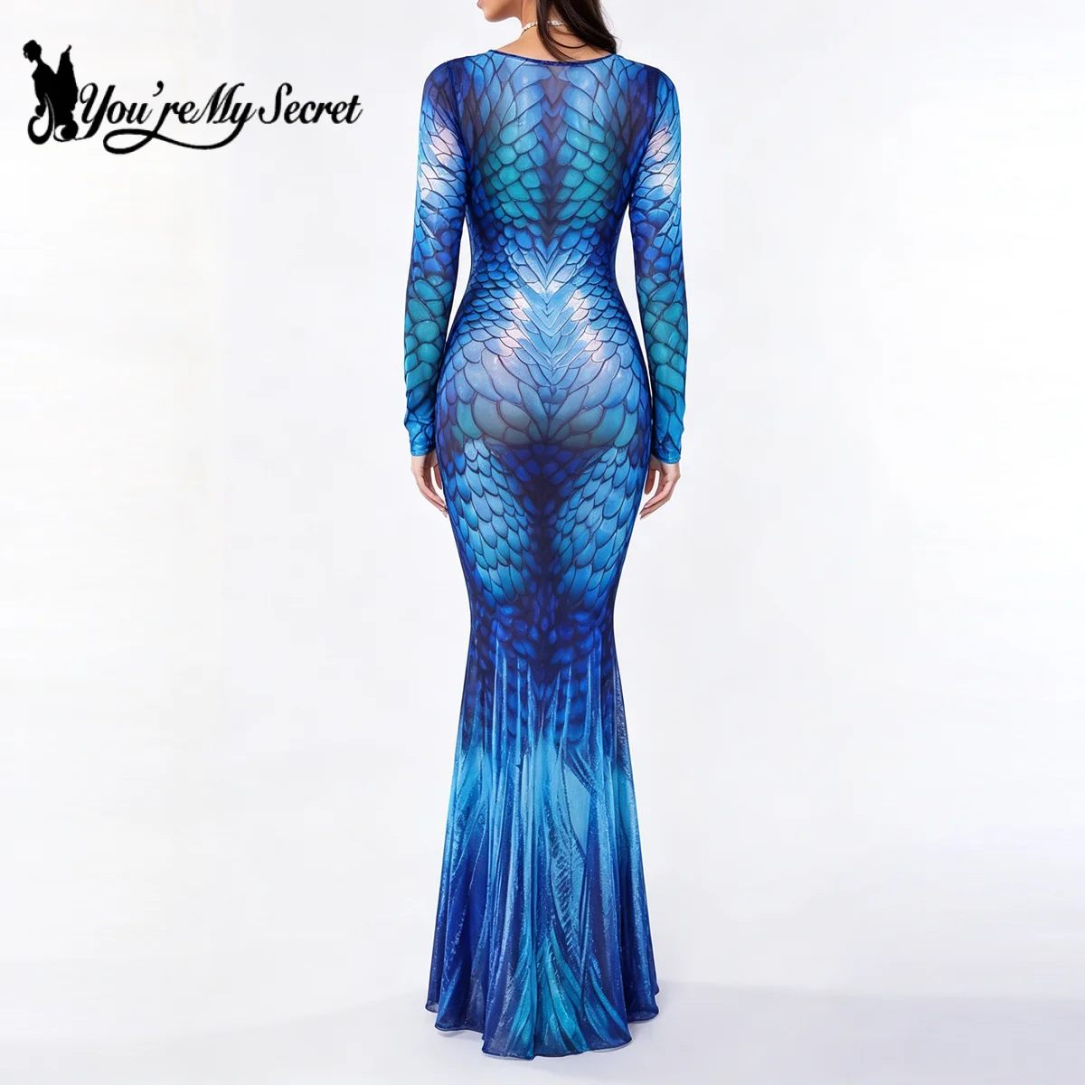[You're My Secret] Transparentes Mesh-Bodycon-Meerjungfrauen-Maxikleid mit 3D-Fischschuppen-Print, Strandparty-Cosplay-Kostüm, Farbverlauf-Blau-Outfit – Detail 2