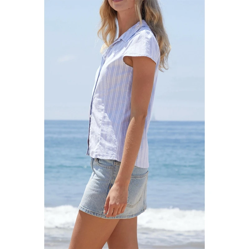 

Combhasaki Женская рубашка в полоску с короткими рукавами и пуговицами Y2k Повседневная рубашка с v-образным вырезом на пуговицах Топ Винтажная облегающая блузка с воротником на выход