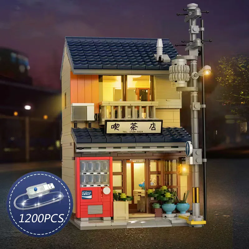 Creative Japan City Street View Building Block With Light Japanese Tea House Streetscape Construction Brick Toy Collection